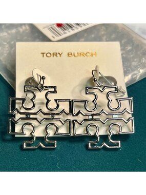 Beautiful Authentic Tory Burch Silver Britten Logo Drop Hoop Earrings